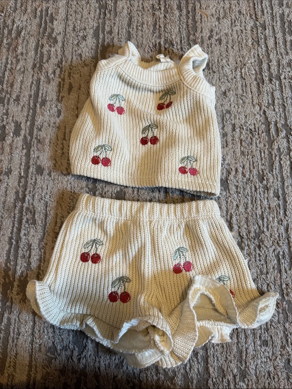Cream Knit Cherry Tank and Ruffle Shorts Set - Kids 6-9 month